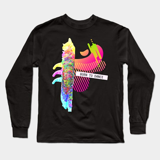 Katze Born To Dance Glitch Vaporwave Party Techno Long Sleeve T-Shirt by Maggini Art